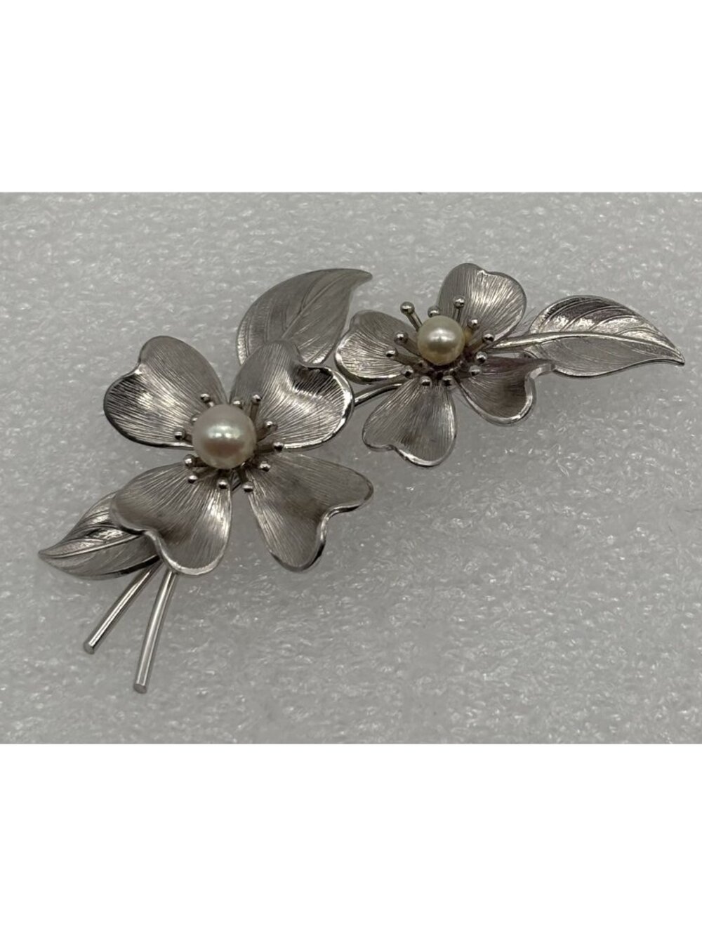Vintage Krementz Double Dogwood Blossom Brooch Pearls Gold Overlay Rhodium Plate